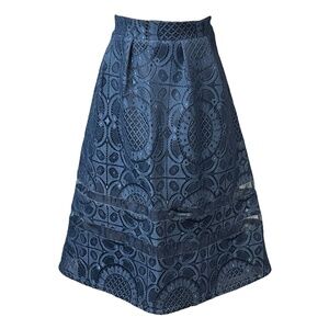 Alya Skirt Women‎ Size Medium Navy Blue Tea Length A-Line Lace Elegant Chic